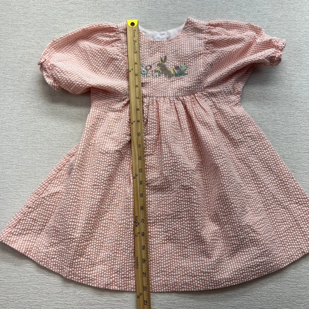 Tullabee Gingham Seersucker Dress Toddler‎ 4T Pink Bunny Embroidery Puff Sleeve
